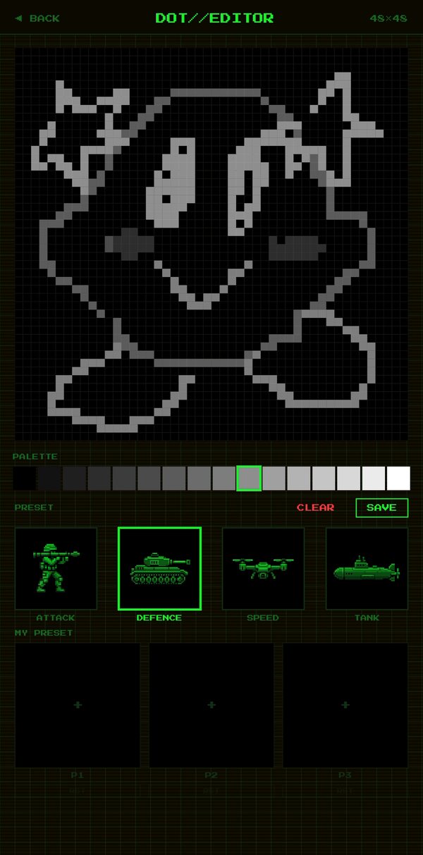 ドットエディターの画面。48×48マスに機体を描いている